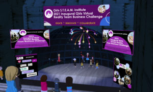 Girls STEAM Institute Business Challenge in 2021 in AltspaceVR with the winners showered with fireworks on the virtual stage.