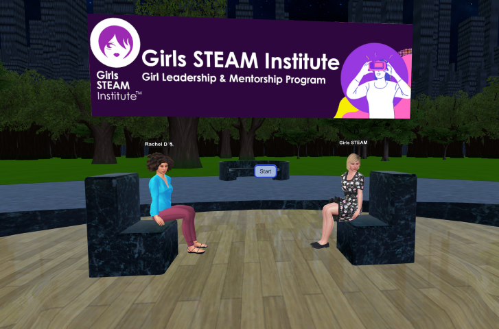 Girls STEAM Institute meetup in ENGAGE XR practicing business and personal pitches to increase business skills.