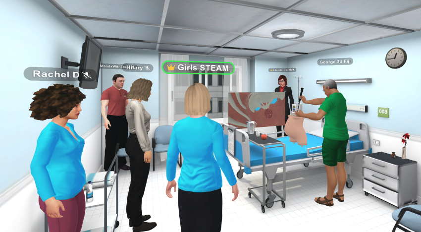 Girls STEAM Institute meetup in ENGAGE XR in the medical science virtual world learning how an endoscope works to explore inside the human body.