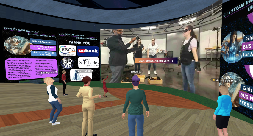 Girls STEAM Institute session in ENGAGE XR virtual reality social meeting platform with video and posters with information on GSI.