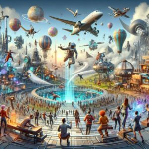 AI generated image of the metaverse with planes and balloons flying overhead and an astronaut in the sky as people watch and play below.