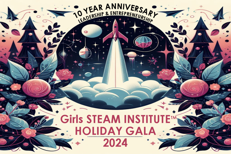 GSI 2024 Holiday Gala in ENGAGE XR features poster with rocket launch surrounded by holiday fruits and trees.