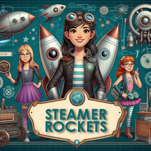 GSI Steamer Entrepreneur Members image of a girl wearing googles on her head and rockets behind her in a steampunk AI generated setting.