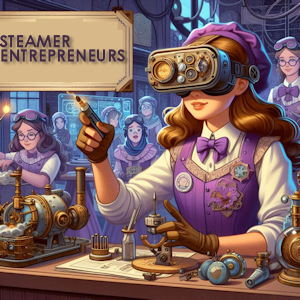 GSI Steamer Entrepreneur Members image of a girl wearing a VR headset in a steampunk AI generated setting.